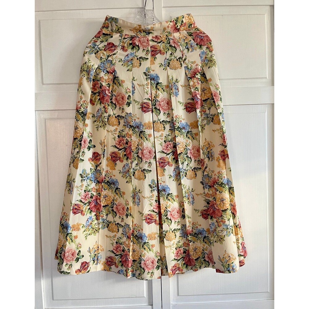 Cream Floral Pleated Midi Skirt Cottagecore Romantic A Line Size Small